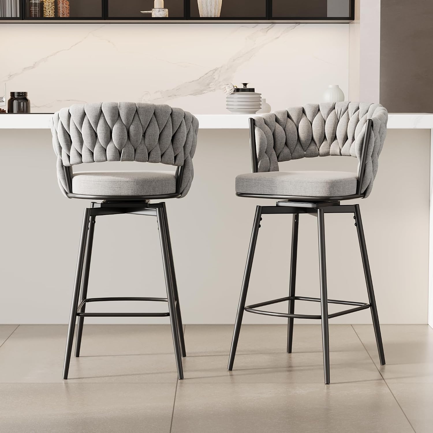 Swivel Bar Stools Set of 2, 360° Swivel Bar Stool with Woven Back & Footrest, Modern Velvet Tufted Bar Chairs for Kitchen Island, Cafe, Pub, Bar Counter (Black, Black Leg)