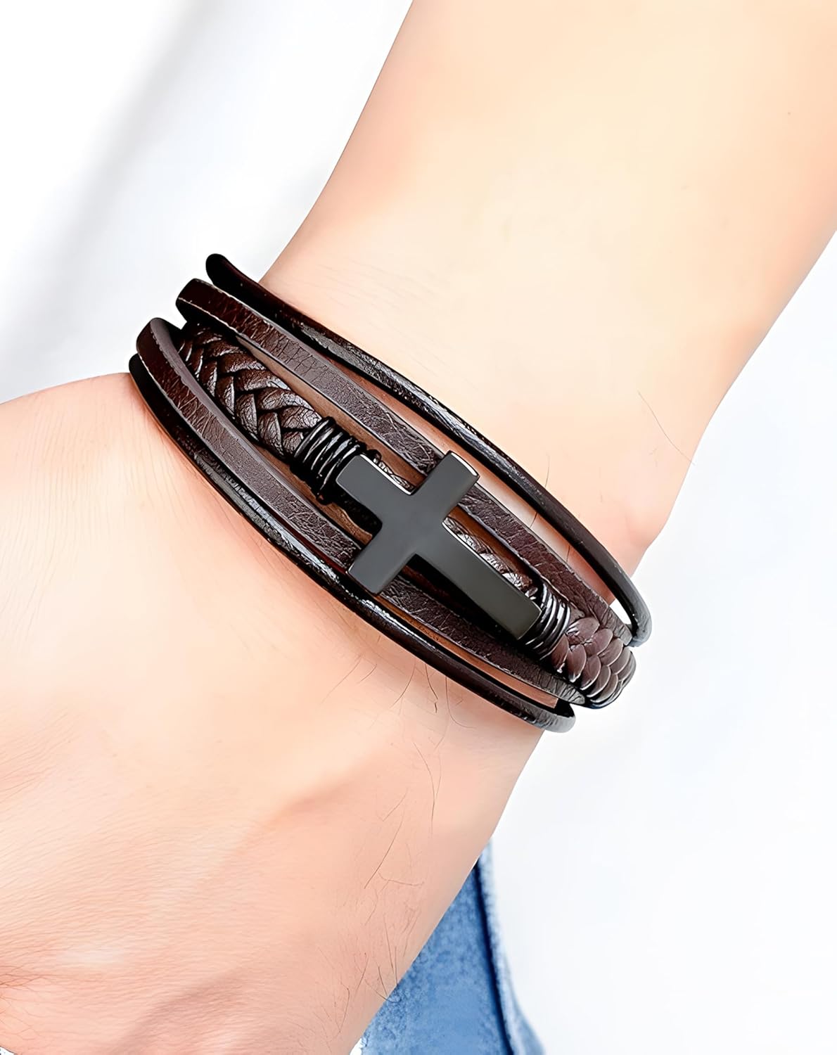 Cross Leather Bracelet for Men, Multi-Layer Braided Mens Religious Cuff Bracelets with Stainless Steel Clasp Anniversary Father's Day Birthday Christmas Jewelry Gifts for Him - Image 4