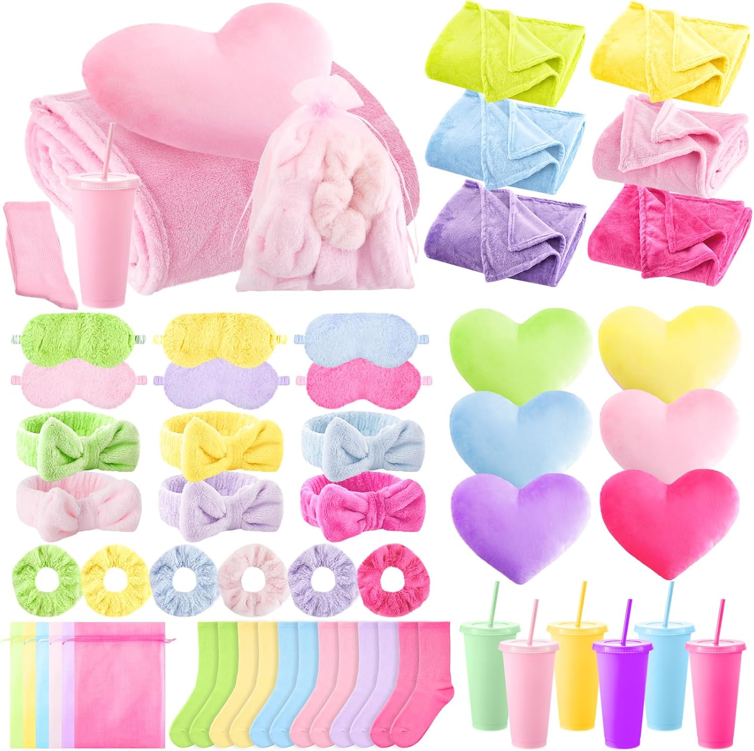 48 Pcs Sleepover Party Supplies Spa Birthday Slumber Pajamas Galentines Party Favors Coquette Throw Blanket Pillow Headband Scrunchies Eye Mask Cup Socks(Multicolor,Solid Color)