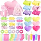 Fanfanwin 48 Pcs Sleepover Party Supplies Spa Birthday Slumber Pajamas Galentines Party Favors Coquette Throw Blanket Pillow Headband Scrunchies Eye Mask Cup Socks(Multicolor,Solid Color)
