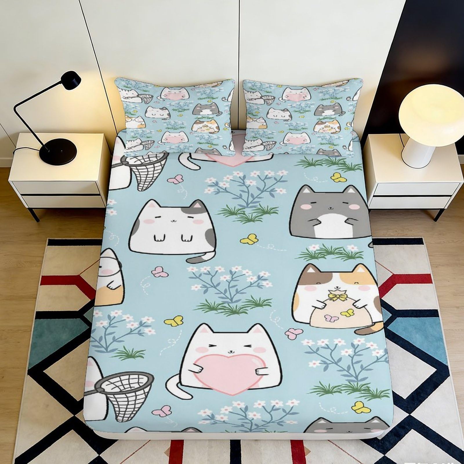 3D Printed Cute Cat Pattern Fitted Sheet Microfiber Soft Breathable Cartoon Cats Bed Cover for Bedroom Dormitory Guest Room Mattress Protection Decor 200x200x25cm