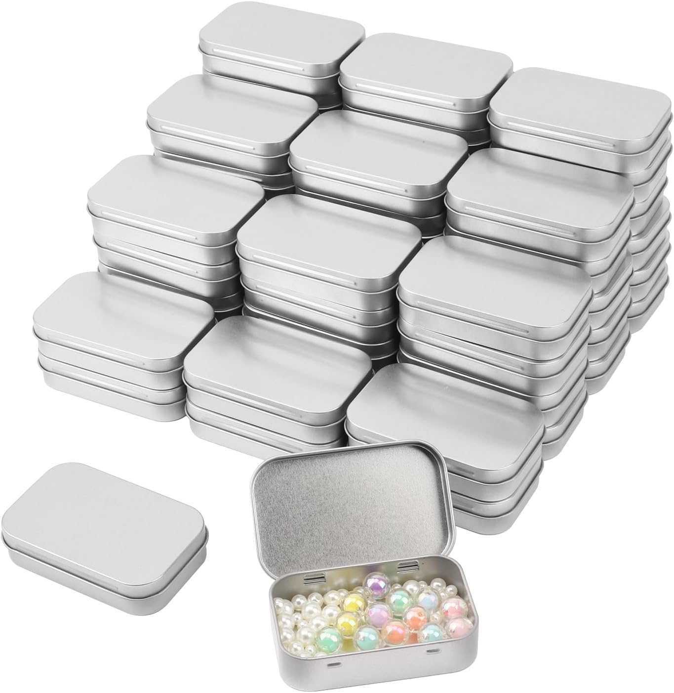 55 Pack Silver Metal Tins with Hinged Lid, Rectangular Hinged Tins for Mini Candles, Keys, Cosmetics, Candy (3.75 x 2.45 x 0.9 Inch)