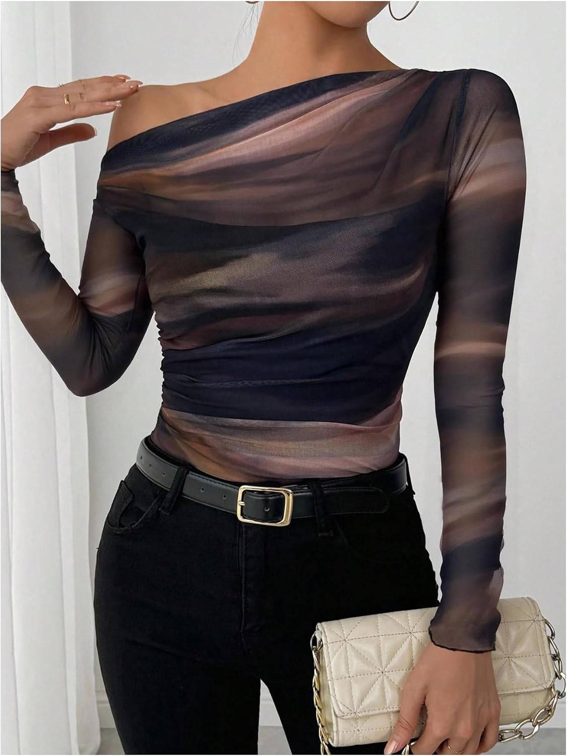 GORGLITTER Women's Tie Dye Off The Shoulder Top Mesh Long Sleeve Shirts Ruched Asymmetrical Y2k Fall Trendy Tshirt