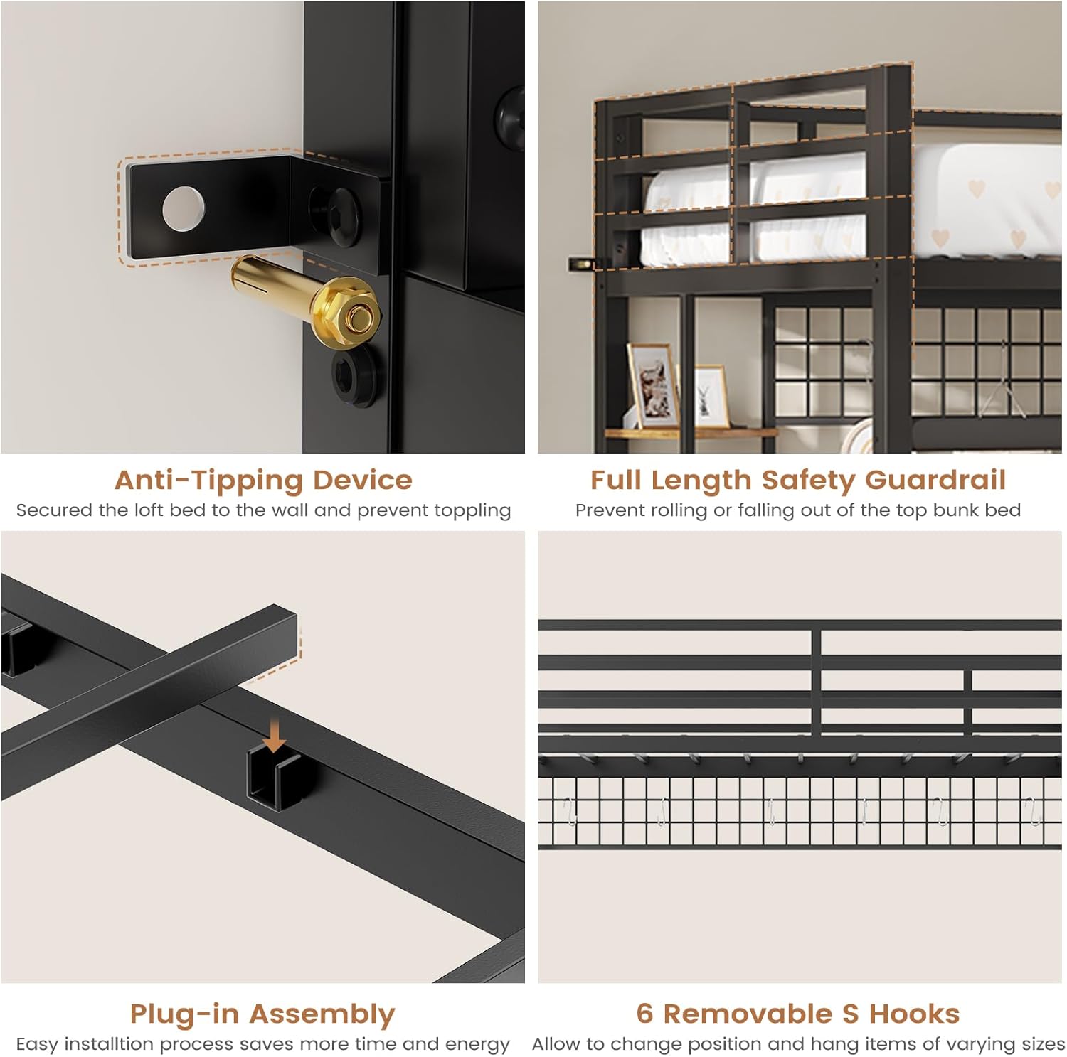 VIAGDO Loft Bed Twin Size with Hall Tree, Charging Station and LED Lights, Metal Loft Bed with L-Shaped Desk, 5 Storage Drawers, Heavy Duty Twin Size Bed with Stairs, No Box Spring Needed, Black