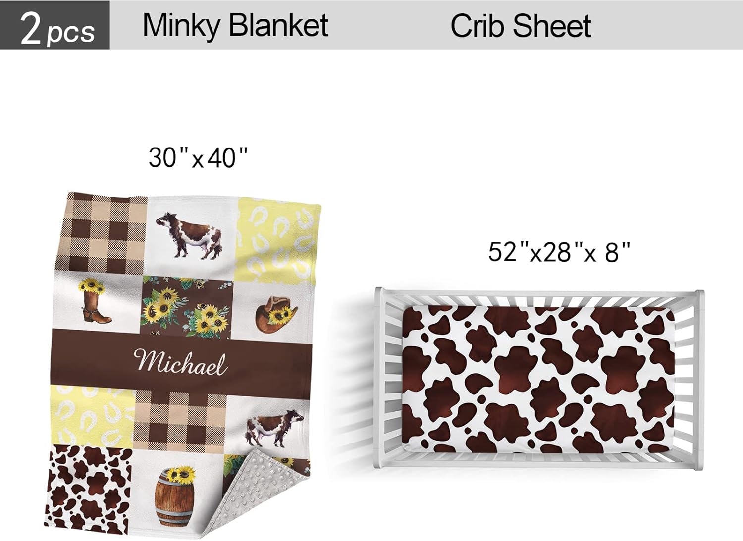 Personalized Crib Bedding Sets for Baby Boy, Custom Girl Set with Name, Farm Cow Nursery Bedding, 2 Piece Set, Name West Comforter, Fitted Sheets Babies