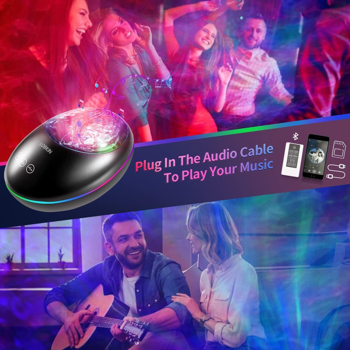 LOBKIN Night Light Projector Ocean Wave LED Rotate Sky Remote Nurse Light with Built-in 8 Bluetooth musics Player Sleeping Baby White Noise Sound Machine for Kids Living Room Decor Children Bedroom