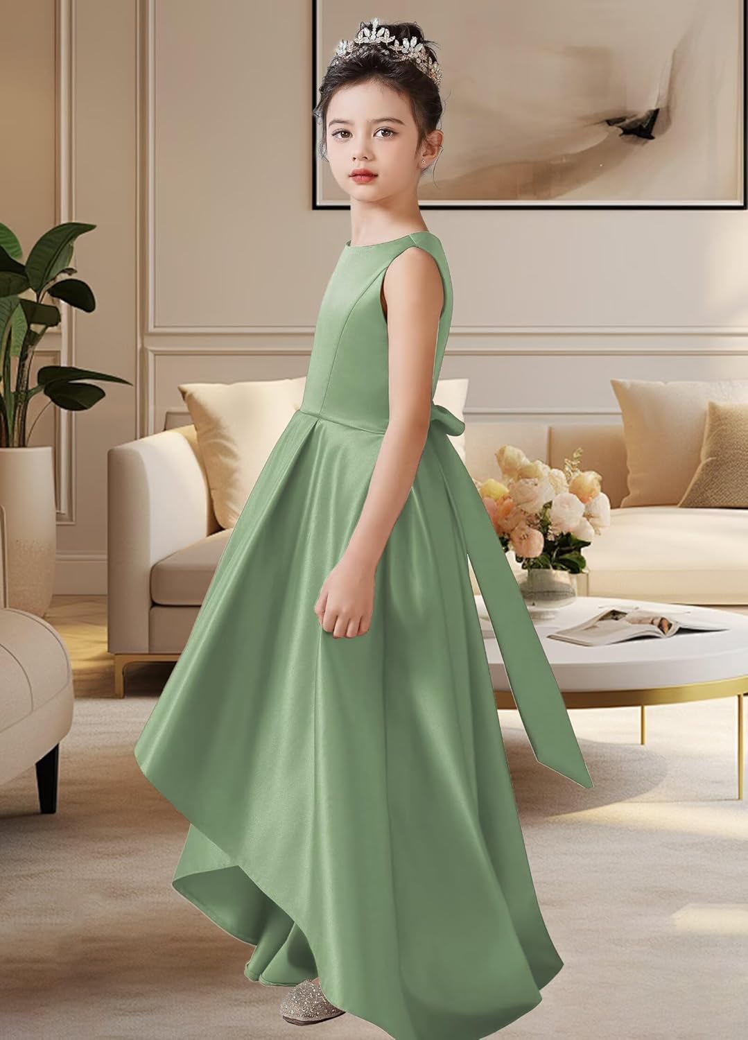 dideyttawl Satin Hi-Lo Formal Dress for Girls 4-16 Sleeveless A Line Quinceanera Dresses Flower Girl Dresses for Wedding - Image 2