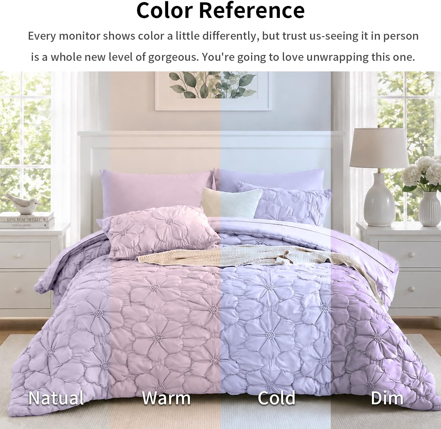 Lavender Purple Queen Comforter Set 7 Pieces,Pinch Pleat Bed in a Bag with Sheets,Puffy Down Alternative Queen Bed Comforter,Soft Microfiber Lightweight Comforter All Season