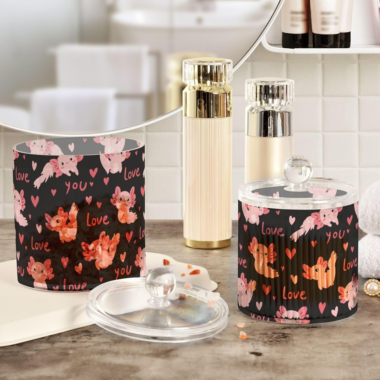 Apothecary Jars with Lids for Bathroom Kitchen Romantic Valentine Axolotls Organization Containers Acrylic Organizers Great for Q-Tip Cotton Swabs, Jewelry, Food & Candy Storage, Set of 2 Sizes image 4