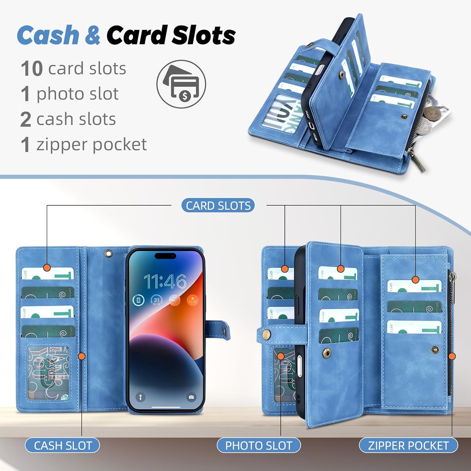 TwoHead Wallet Case Compatible with iPhone 17 Pro,Detachable,Magnetic,11 Cards Holder,PU Leather All-Round Protective Phone Case with Change Pocket(6.3 in,Sky Blue)