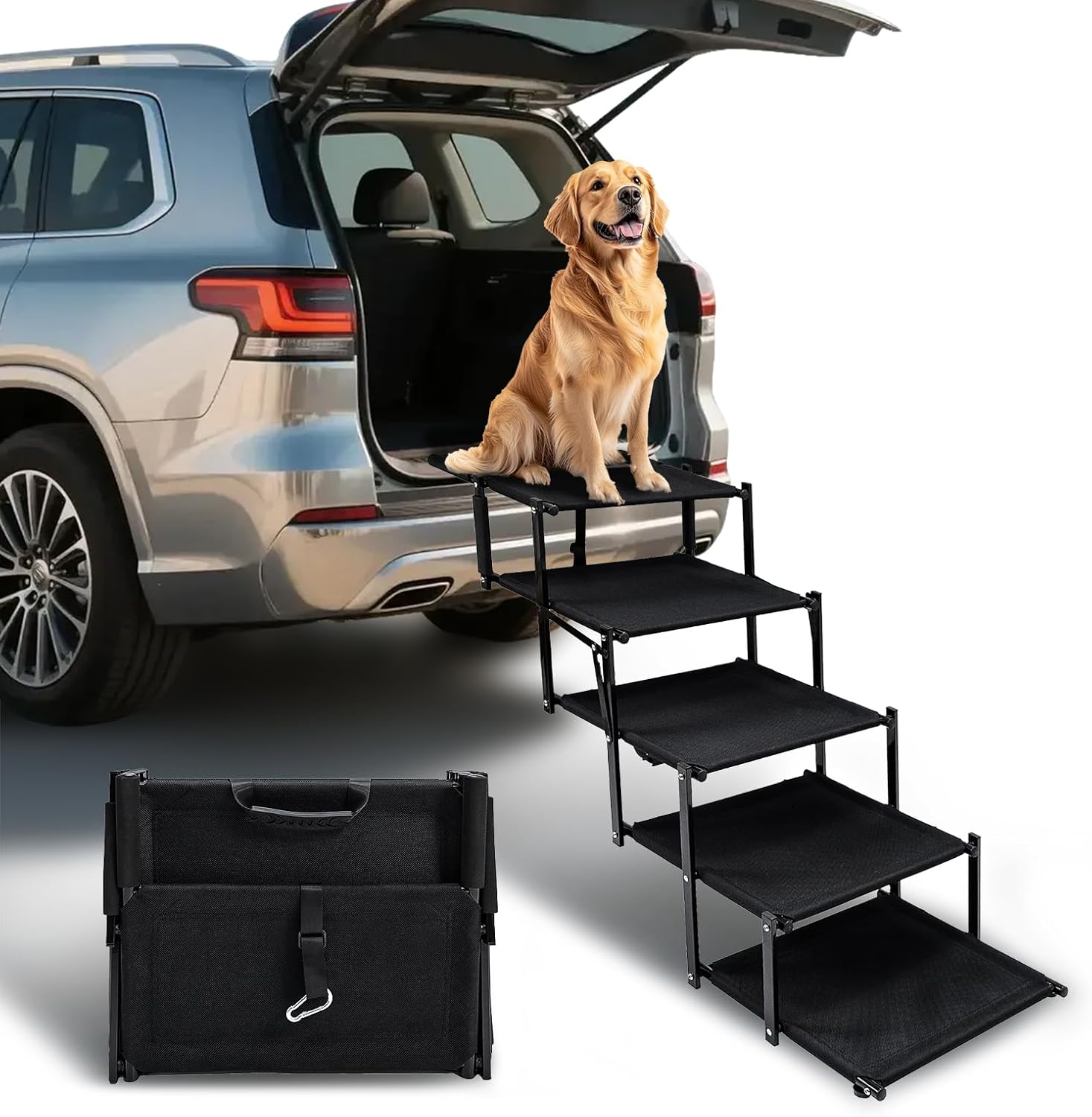 Foldable Canine Stairs for Automobile SUV Truck, Transportable Canine Steps for Giant Injured, Pet Ramp with Non-Slip Floor,Appropriate for Sofas, Mattress, Helps As much as 130 lbs, 5 Steps