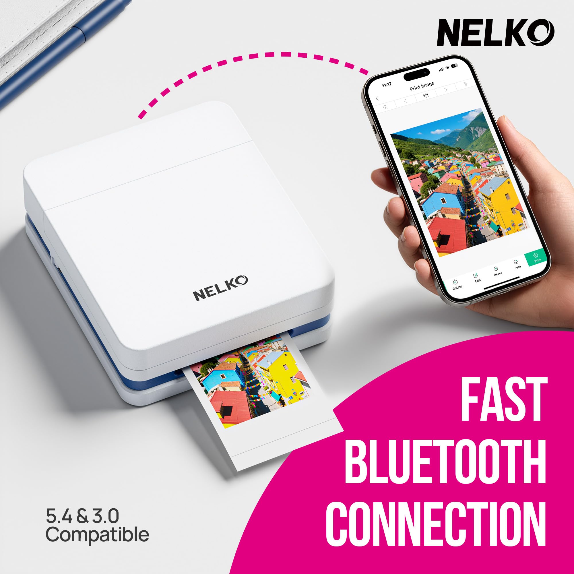 Nelko PP01 - Impresora fotográfica portátil con 100 hojas de papel y cartucho de tinta, impresión instantánea de fotos para iOS/Android, mini impresora de tamaño de bolsillo con aplicación de edición
