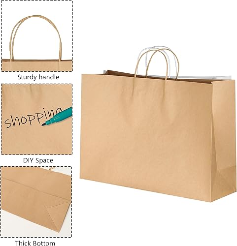 Miniatura 5 de BLEWINDZ 50 bolsas de regalo de papel kraft marrón a granel, tamaño grande de 16 x 6 x 12 pulgadas, bolsas de papel con asas, bolsas de compras para