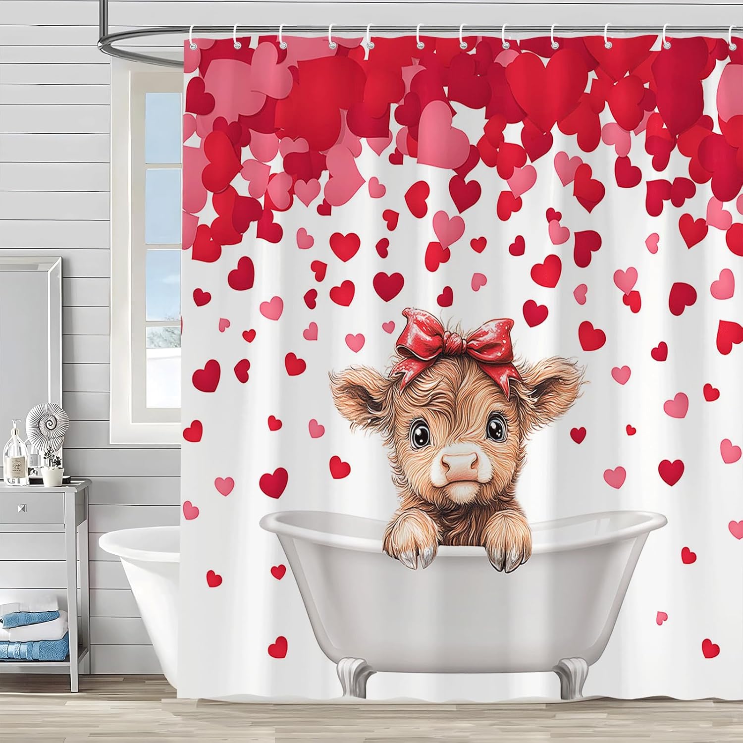 Valentine's Day Shower Curtain Cute Funny Calf Red Love Heart Farmhouse Highland Cow Country Farm Animal Rustic Vintage Romantic Fashion Girls Women Bathroom Accessories Set with Hook 70Wx90H Inch