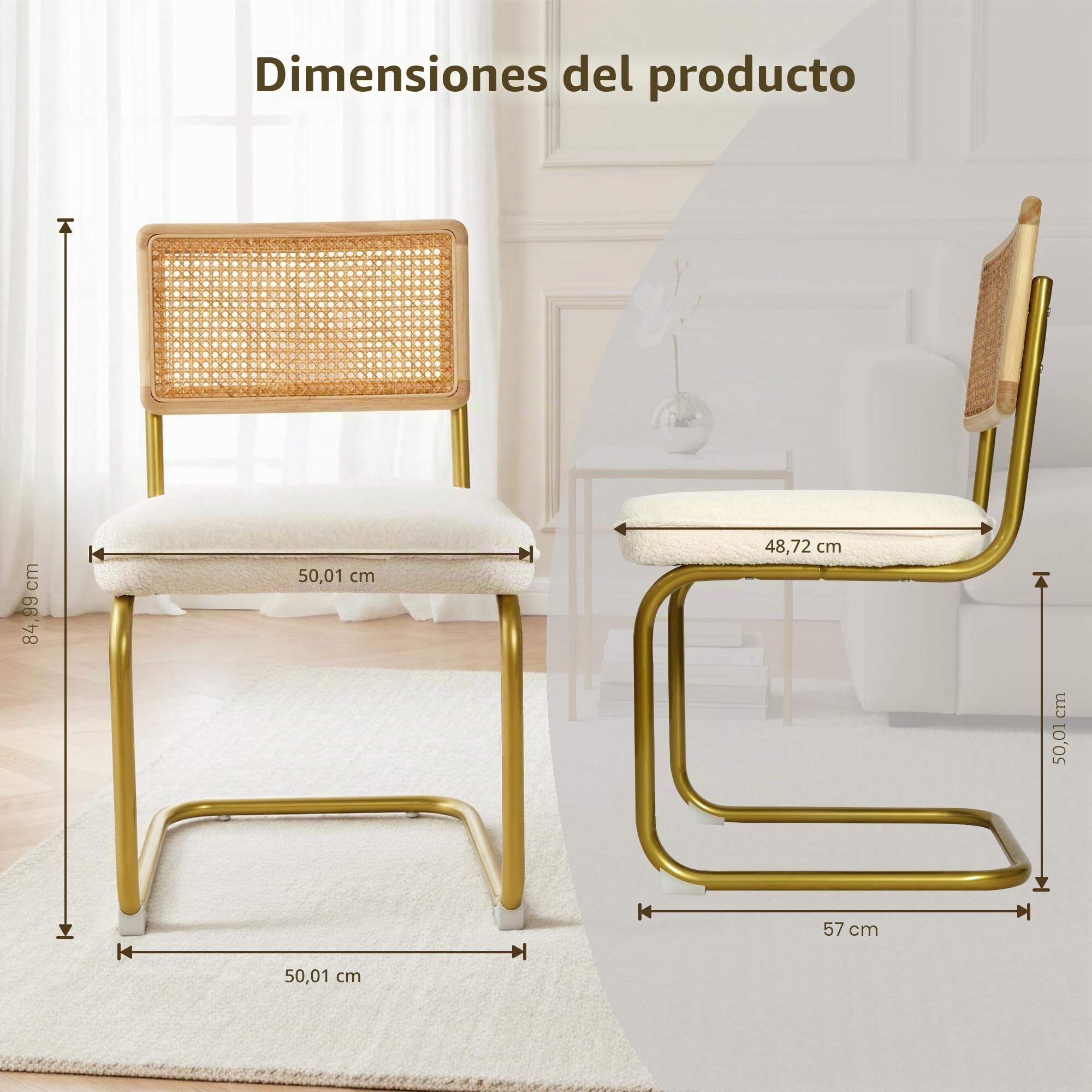 CangLong Pack de 2 Comedor Tapizadas, Sillas de Cocina Modernas con Patas de Metal, Gran Estabilidad y Capacidad de Carga, Blanco, Ratán, Vellón, Espuma, Unidades