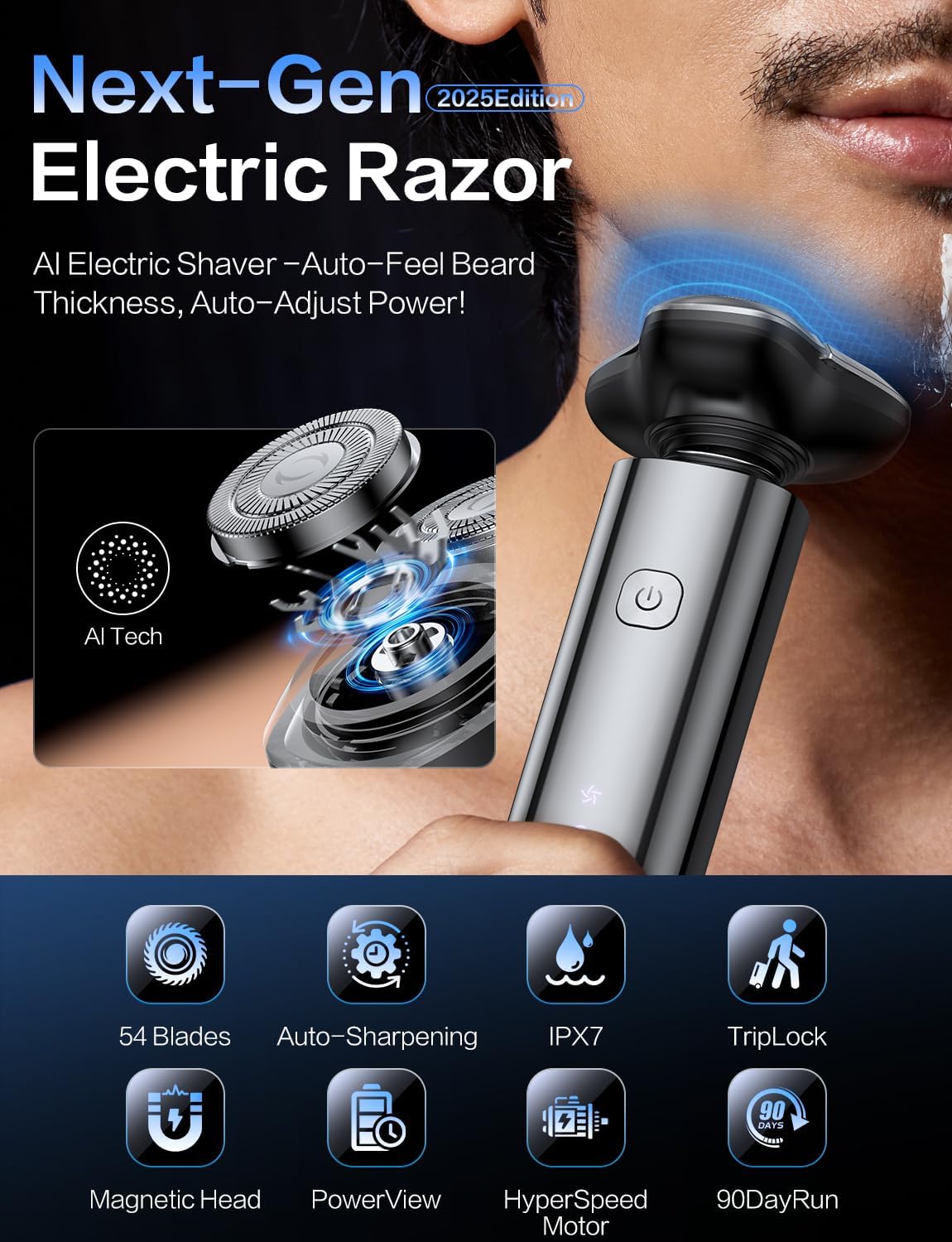 Electric Razor for Men,Electric Shavers for Men,3-Blade Rotary Shaving System,Waterproof Wet Dry Cordless Razor,Touch Switch,Type-C Fast Charging,Travel Lock,Digital Display,90+ Minutes Run Time - Image 2