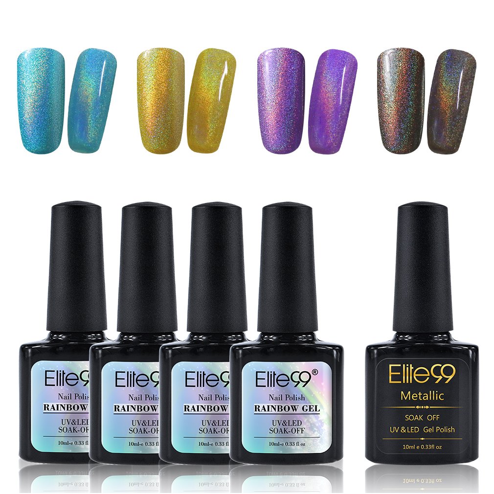Elite99 Holographic Rainbow Nail Polish Set with Soak Off UV LED Metallic Top Coat Nail Varnish Art Decoration Manicure 5PCS (C004)