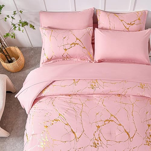 Miniatura 3 de Yogeneg Juego de edredón de mármol metálico dorado, tamaño Queen, cama de 7 piezas en una bolsa, juego de edredón y sábanas de color rosa brillante