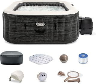Intex PureSpa Plus Greystone Inflatable Square Outdoor Hot Tub Spa, 83" x 28" with PureSpa Maintenance Accessory Brush, Skimmer, and Scrubber Kit