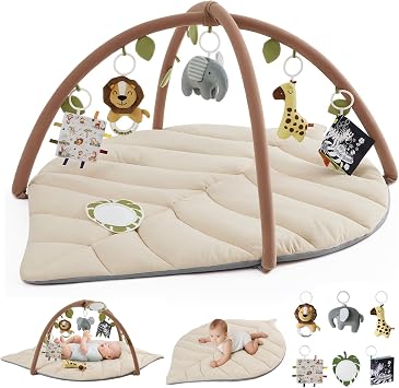 Blissful Diary Baby Play Gym & Activity Mat, Leaf Shaped Baby Tummy Time Play Mat with 6 Detachable Toys, Promotes Motor Skills & Sensory Development, Oatmeal Beige