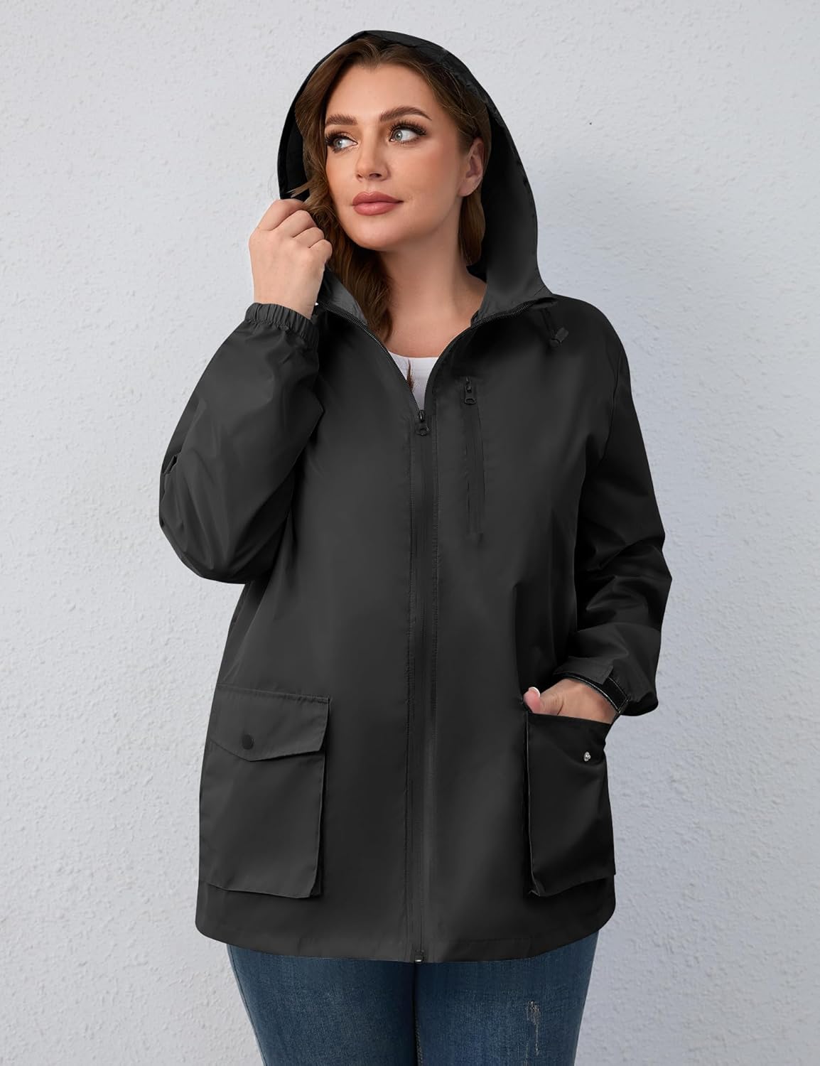 Avoogue Plus Size Womens Rain Jacket with Hood,Packable,Lightweight,Windbreaker,Waterproof Thin Jackets,Hiking,Travel - Image 2
