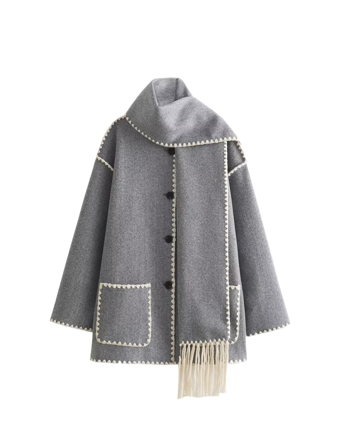 Wyeysyt Women's Embroidered Wool Blend Jacket Oversized Button Down Trench Coat Mid Long Pea Coats with Tassel Scarf