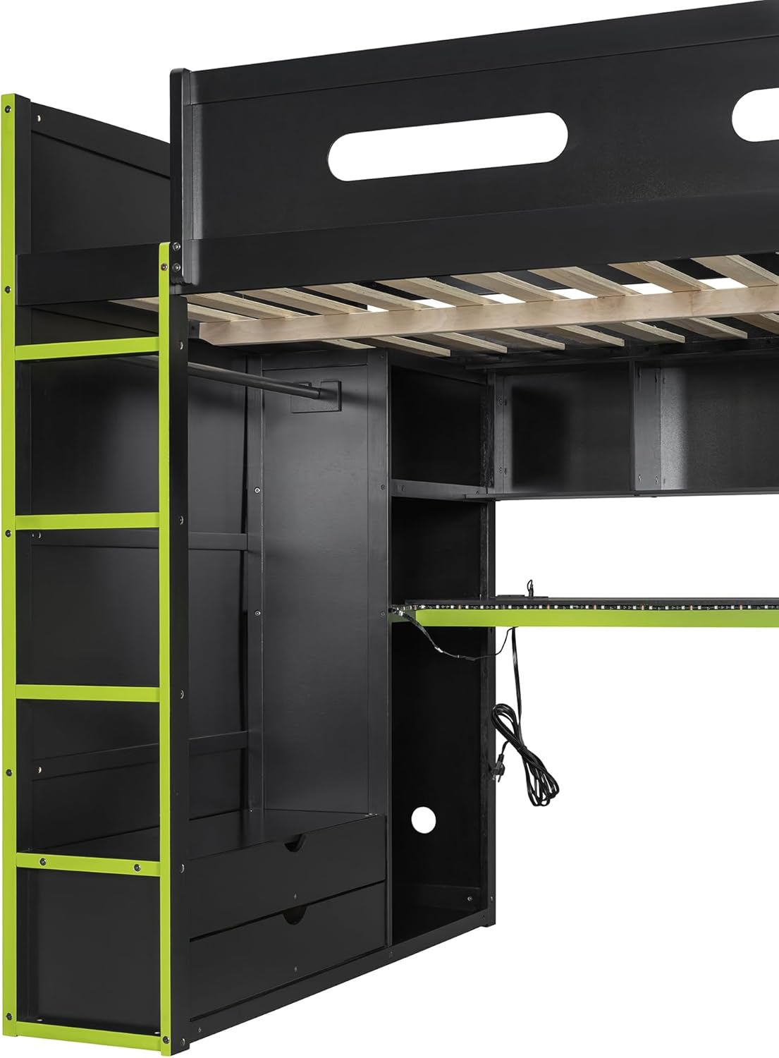 Full Size Wood Loft Bed with Desk,Wardrobe,Ample Storage Space,and RGB LED Light, Green
