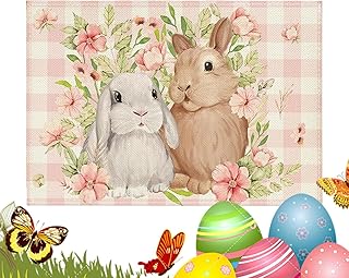 Manteneros de Pascua - Mats de mesa de comedor de cocina | Esteras de mesa con tela de lino y diseño de conejo de huevo impreso | Mats de aislamiento de vajillas resistentes al calor para la fiesta na