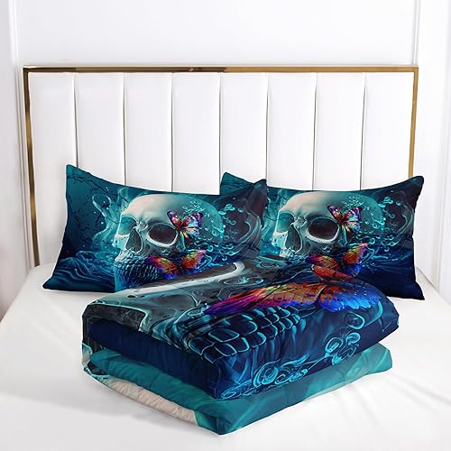 Miniatura 5 de AILONEN Juego de edredón de calavera, tamaño Queen, juego de ropa de cama 3D de calavera con salpicaduras de agua azul para niños y niñas,