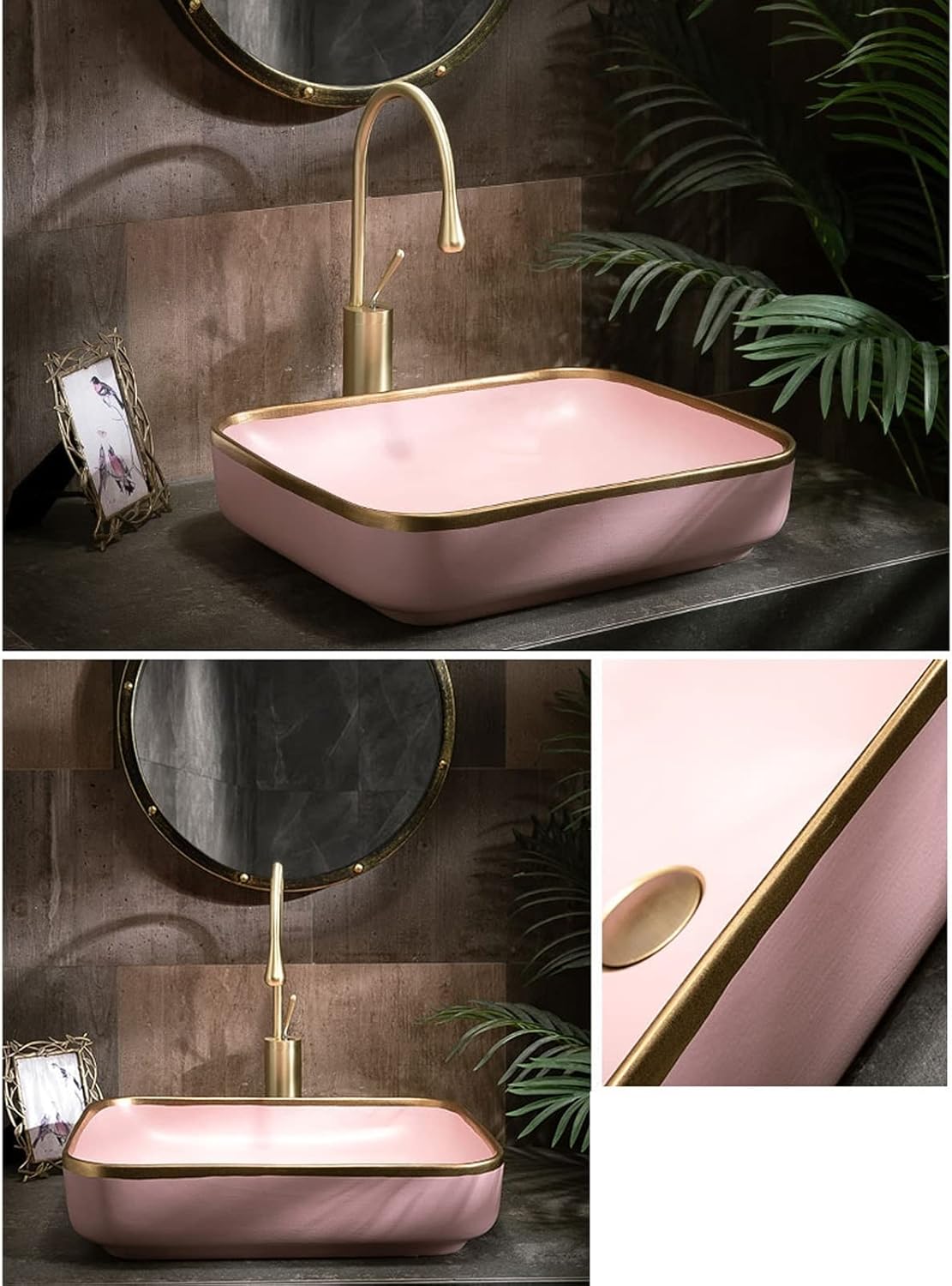 Bathroom Countertop Vessel Sink 20.4""×15.7"" Rectangular Bathroom Basin Sink Porcelain Vessel Sink Art Basin Vanity Cabinet Countertop Sink Bathroom Sinks (Color : Pink)