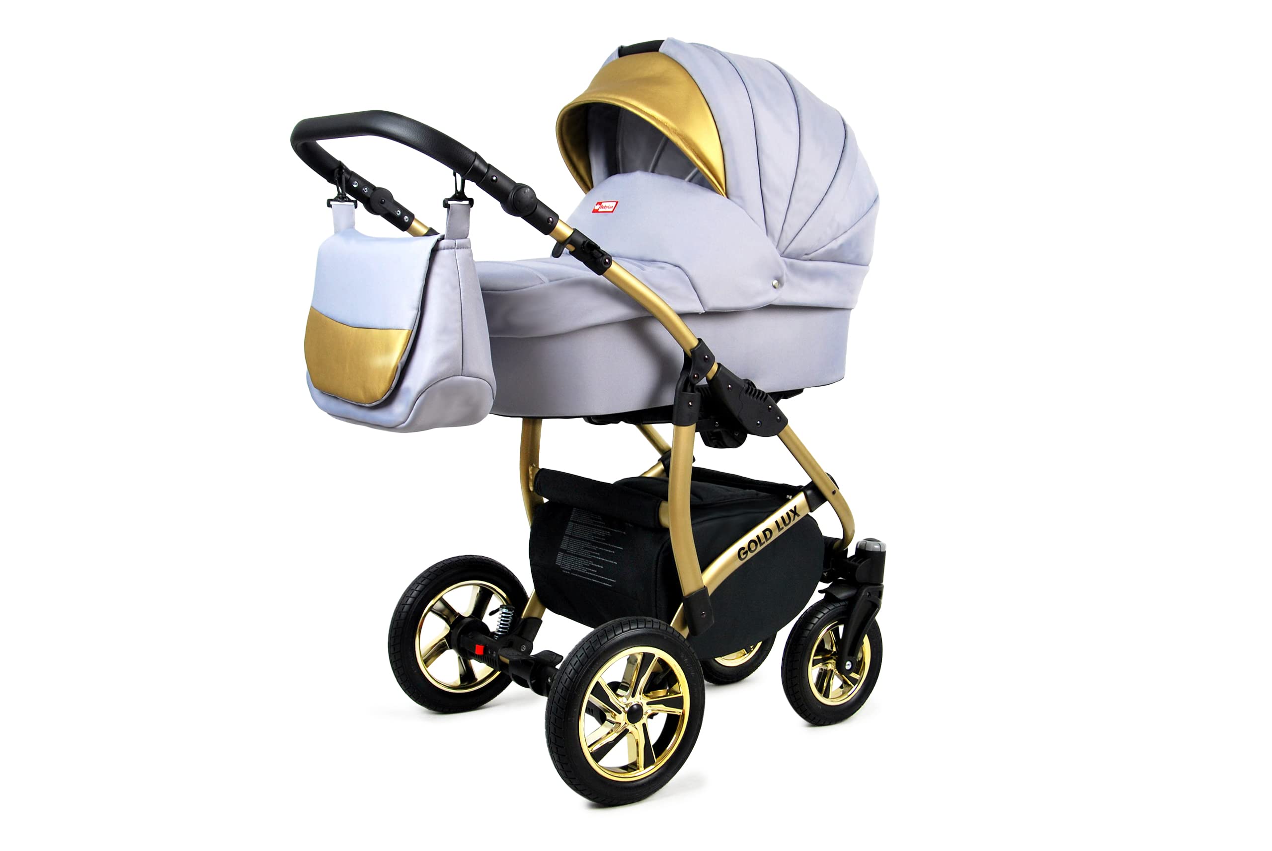 BabyLux Gold Lux Wózek Dziecięcy 2w1 Głęboki i Spacerowy z Akcesoriami Regulowana i Składana Lekka Aluminiowa Konstrukcja 2 Opcje Montażu Wodoodporny Nieprzebijalne Koła Silver Gold Frame