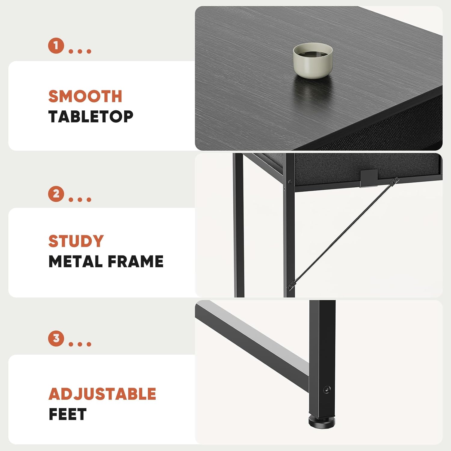 DUMOS Desk Features: Smooth Tabletop, Sturdy Metal Frame, Adjustable Feet