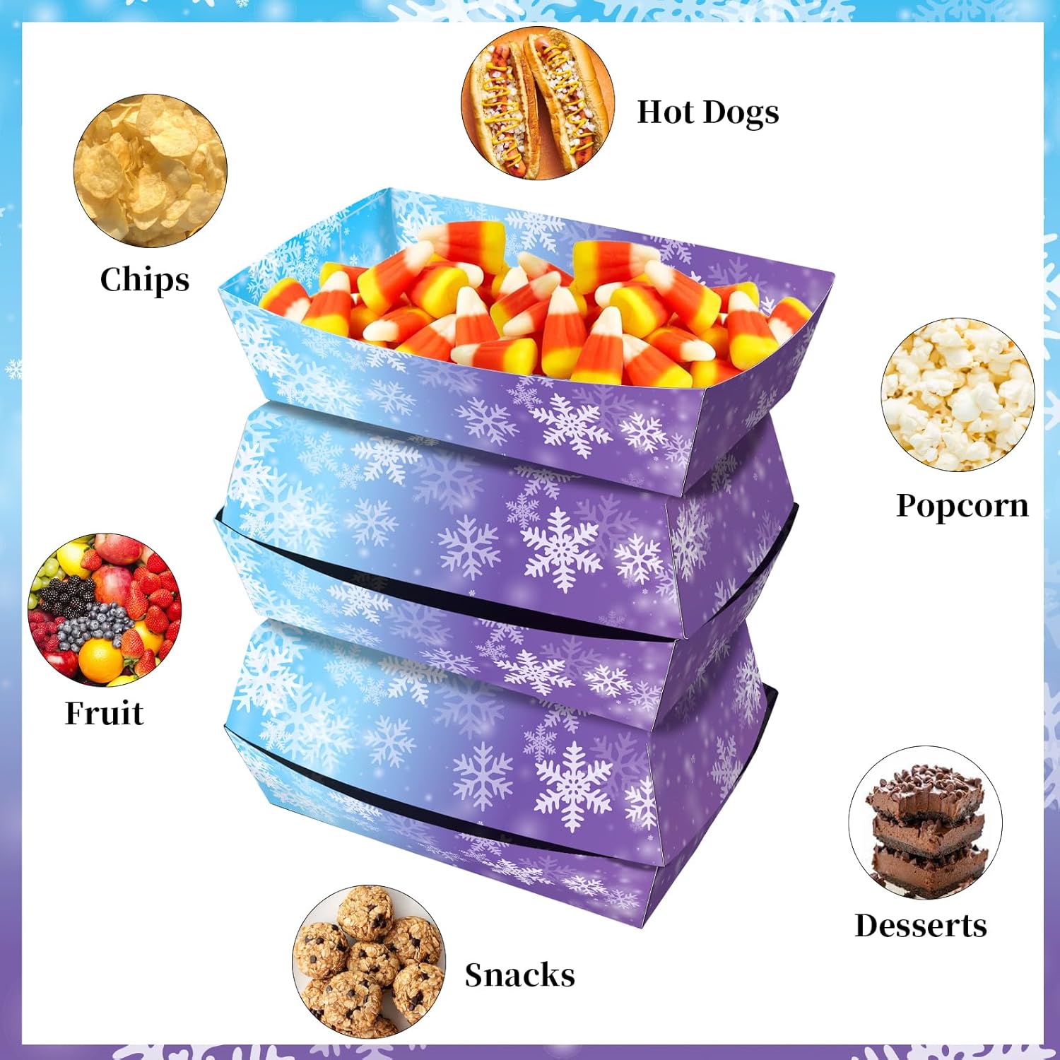No Folding Required 100 Pack 2 Lb Christmas Snowflake Paper Food Trays Plates Christmas Snack Serving Boat Winter Snow Nacho Trays Disposable Snack Bowl for Winter Wonderland Party Supplies