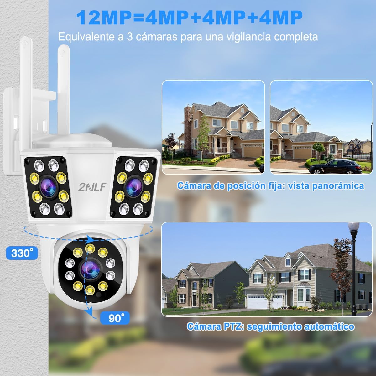 2NLF 4MP PTZ 360° Triple Lens Outdoor Security Camera showing 3 lenses and 360-degree coverage
