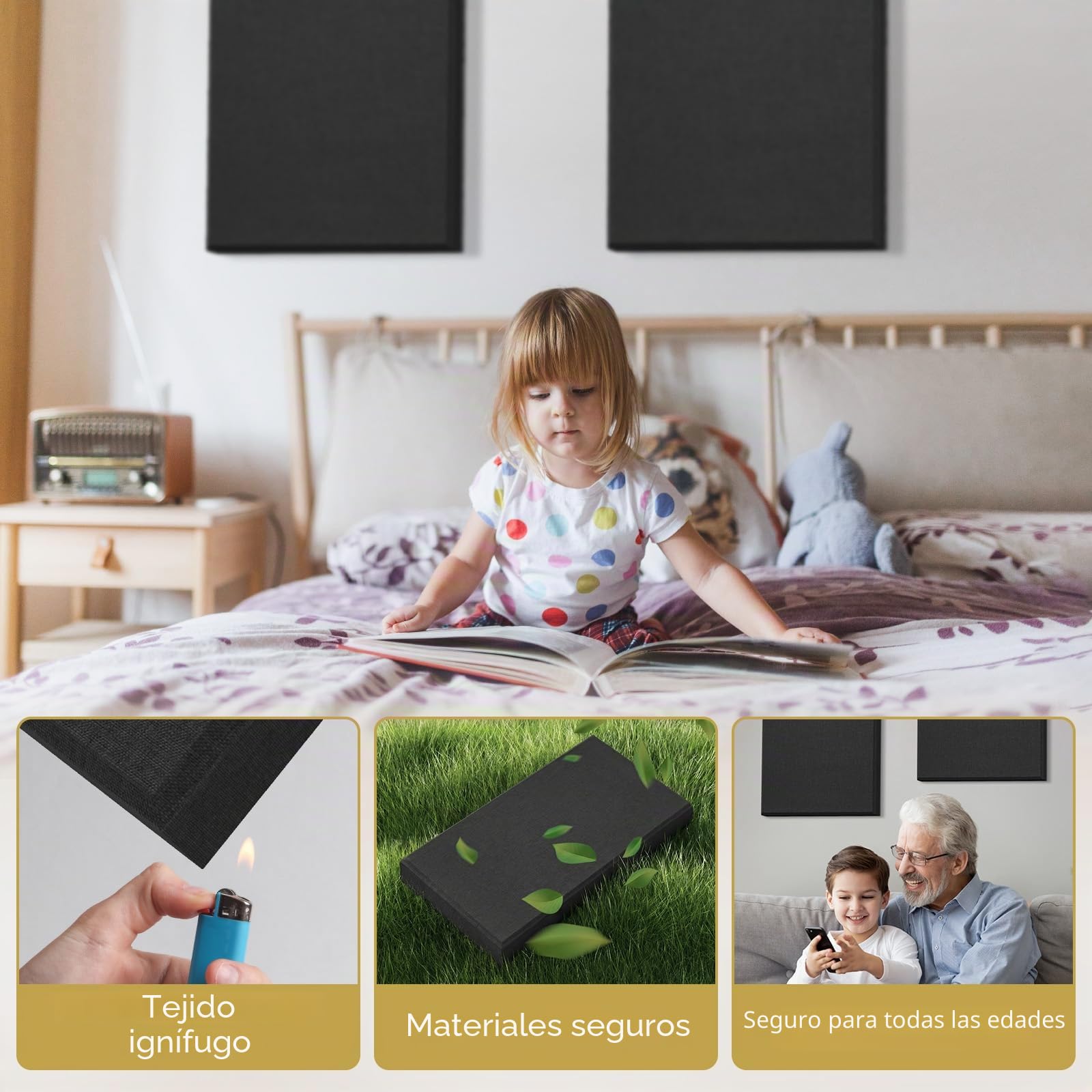 TONOR Paneles Acústicos de Fibra de Vidrio Grandes, 100x50x4cm Panele Insonorizante para Pared que Absorben el Sonido para la Decoración de Pared Interiores de Estudios, Salones, Teatros, Negro