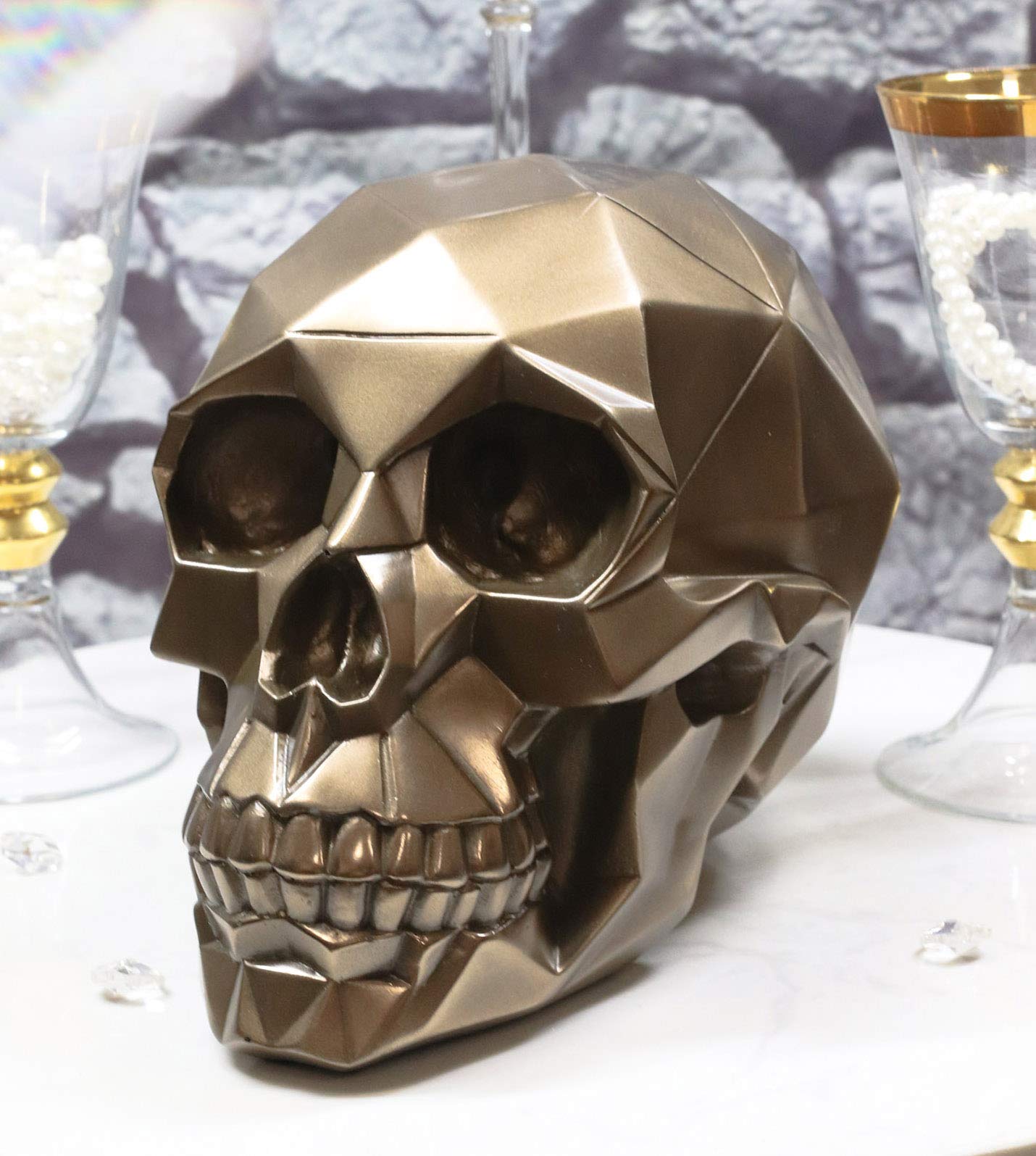 Ebros GiftGeometric Vector Matrix Polygon Skull Decorative Figurine 8.5" Long Ossuary Macabre Halloween Modern Alchemy Skulls Skeletons Accent Statue (Bronze Patina)