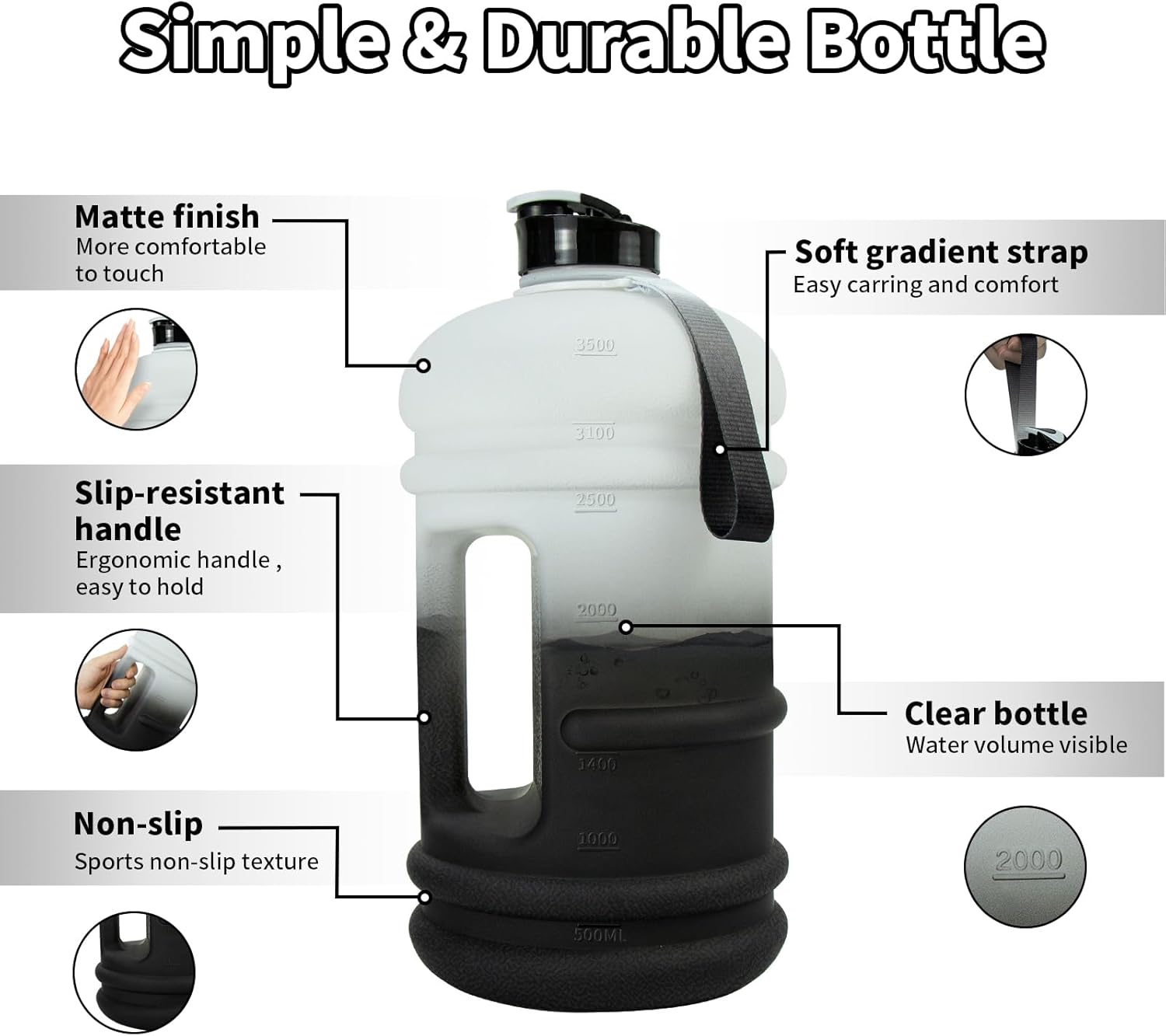 TOOFEEL Gallon Water Bottle - 128 oz with Flip Lid & Handle - BPA Free with Measurements - Black & White Gradient