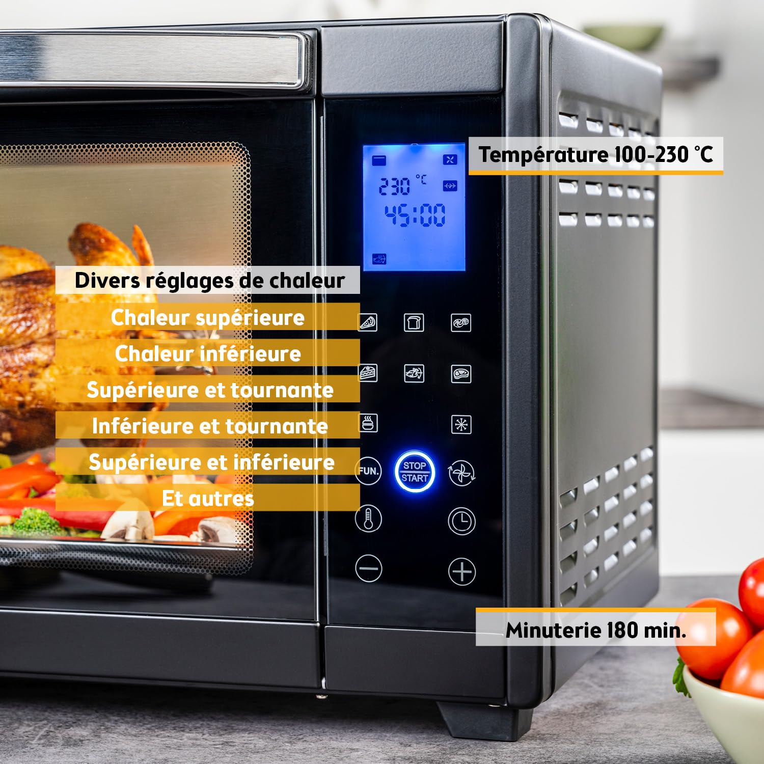 TZS First Austria - Mini-Four Numérique 30L 1600W Four avec réglage de la température jusqu'à 230°C, Avec minuteur de 60 min, 3 hauteurs d'insertion, plaque et grille, Pour petites cuisines et camping