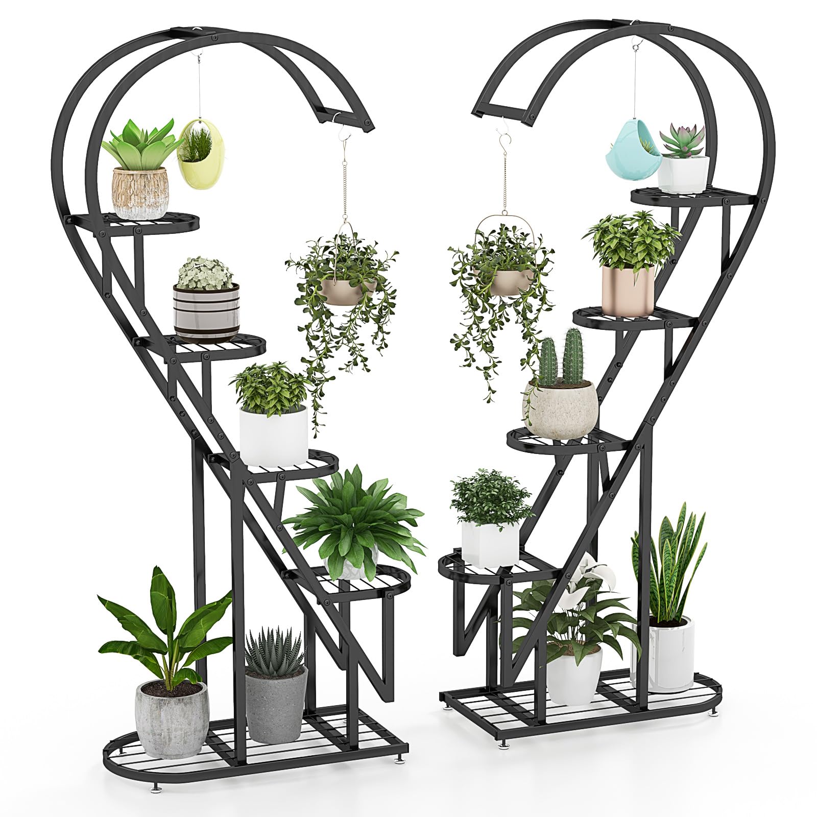 RELAX4LIFE 5-stufiger Pflanzenständer Metall, Blumentreppe Herzförmig, Pflanzenregal mit 4 Haken, Blumenständer Kippschutz, Blumenregal Leiter für Balkon Wohnzimmer Garten (Schwarz)