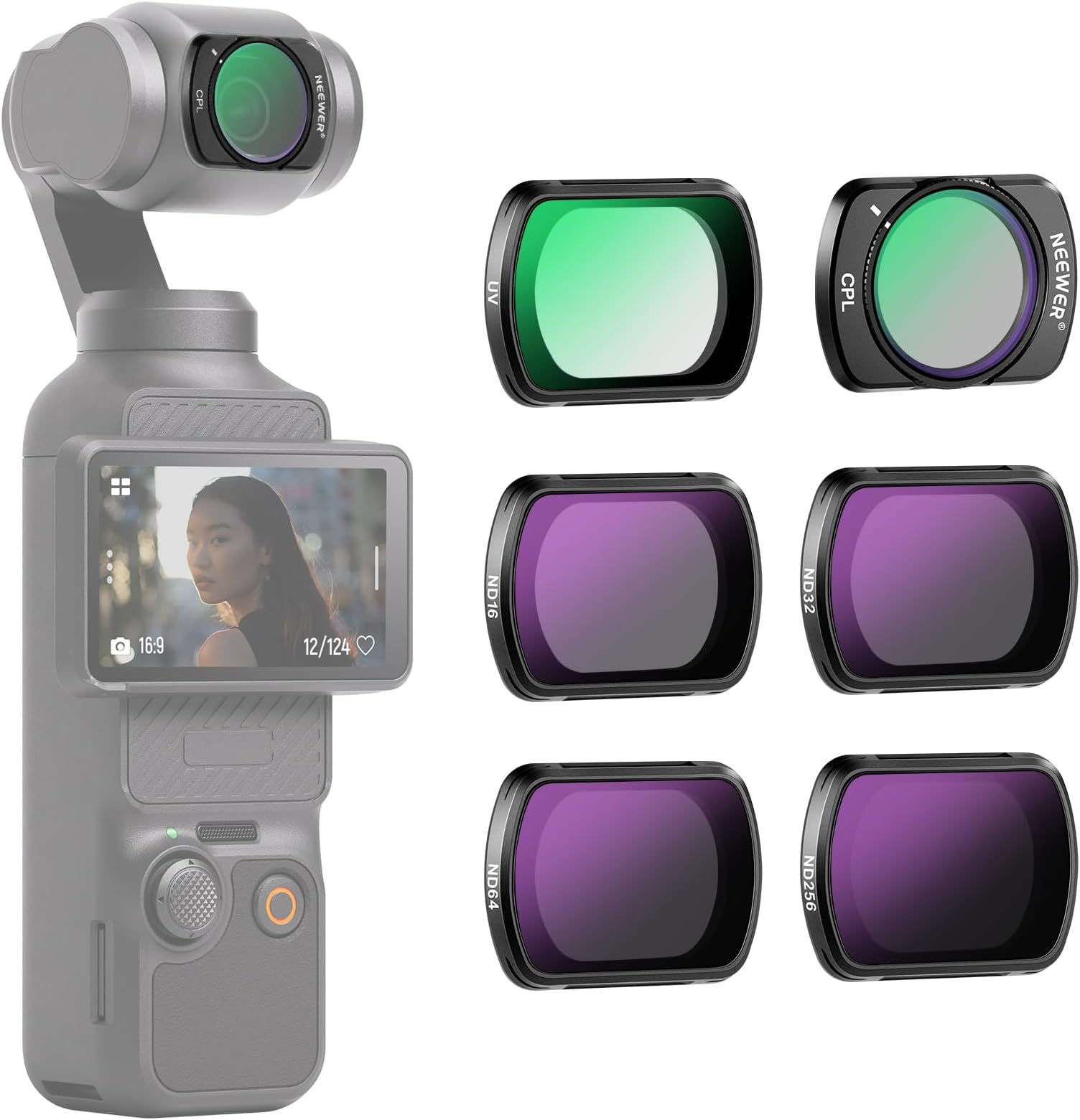 NEEWER Magnetic ND CPL UV Filter Set Compatible with DJI OSMO Pocket Pocket 4 & 3, 6 Pack UV Neutral Density ND16 ND32 ND64 ND256 Circular Polarizing Filters, Coated HD Optical Glass/Aluminum Frame