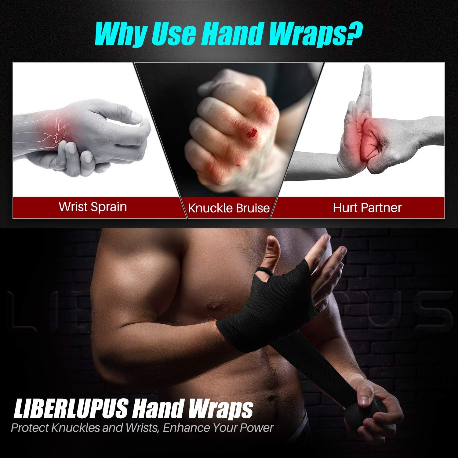 LIBERLUPUS Elastic Professional 120/180 Inch Hand Wraps for Men Women, Boxing Gloves Martial Arts Wraps with Hand & Wrist Support, Stretch Boxing Handwraps for Kickboxing Muay Thai MMA (Pair) : Sports & Outdoors