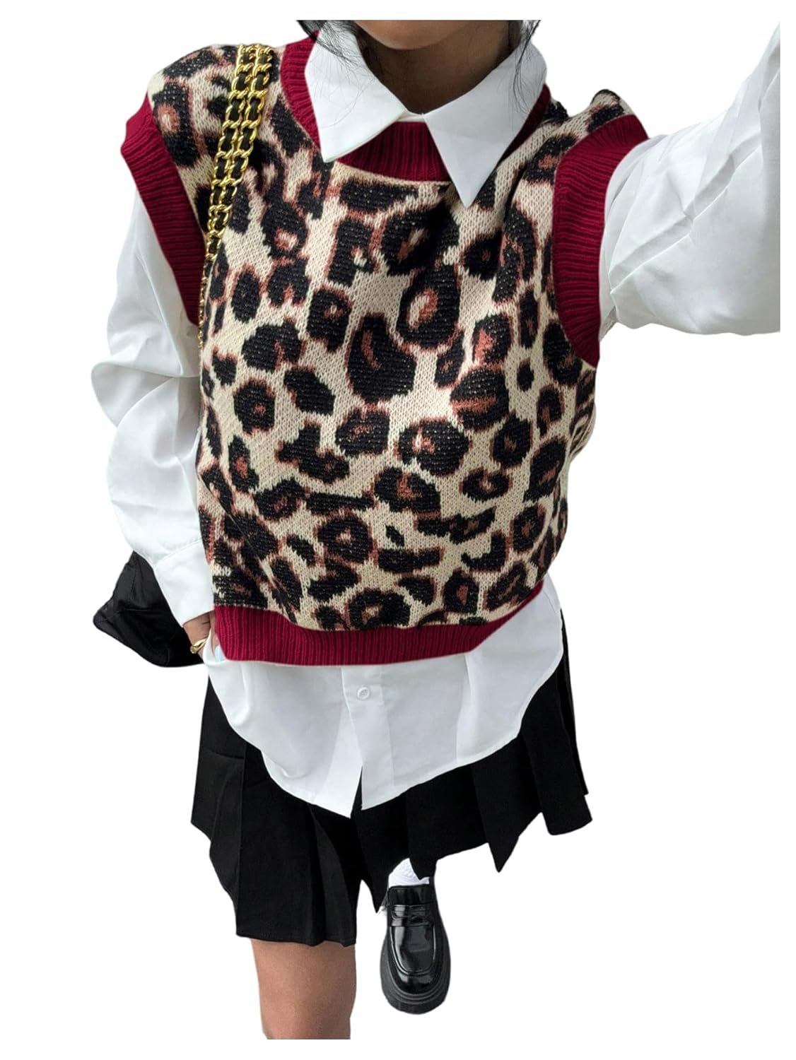 SweatyRocks Womens Fall Leopard Print Color Block Sweater Vest Crop Knit Sleeveless Pullover Sweater