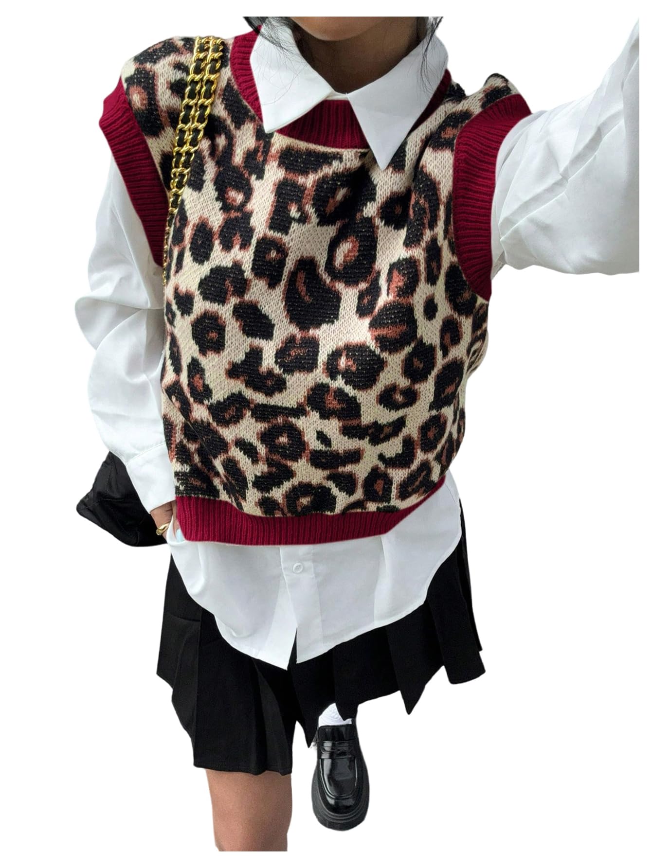 SweatyRocks Womens Fall Leopard Print Color Block Sweater Vest Crop Knit Sleeveless Pullover Sweater