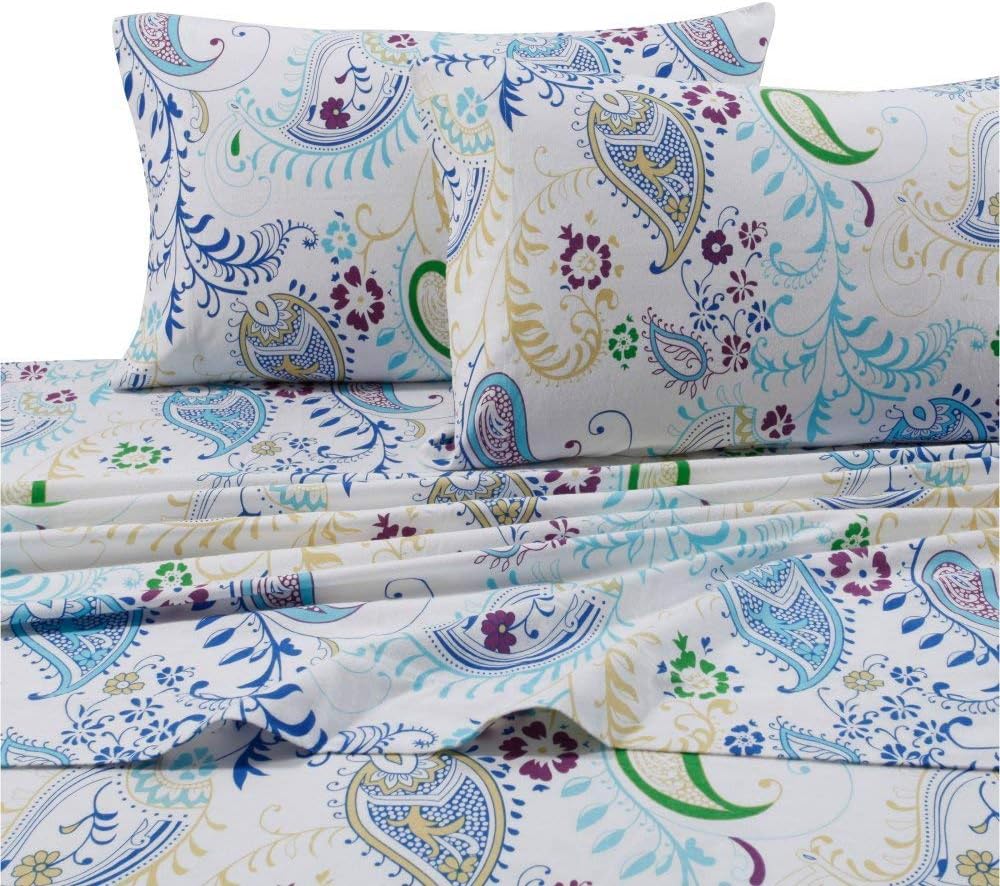Tribeca Living Ultra-Soft Flannel Sheets Twin - 170-GSM Cotton, 3 Piece Deep Pocket Bed Sheet Set in Paisley Garden Print
