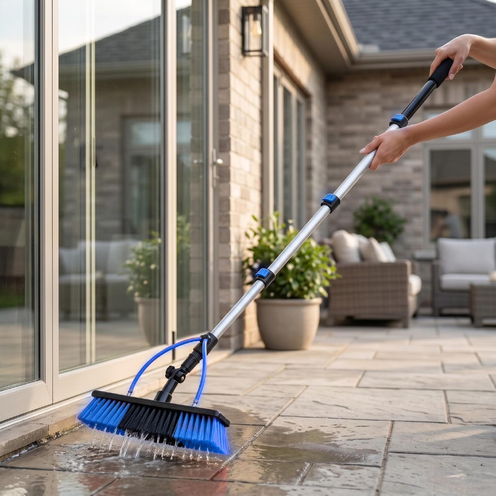 Generic Kit Spazzola per la Pulizia del Pannello Solare di Pulizia delle Finestre con Palo Estensibile Alimentato Ad Acqua da 15 Piedi a 5 Sezioni per Grondaie da Tetto, Soffitti Alti
