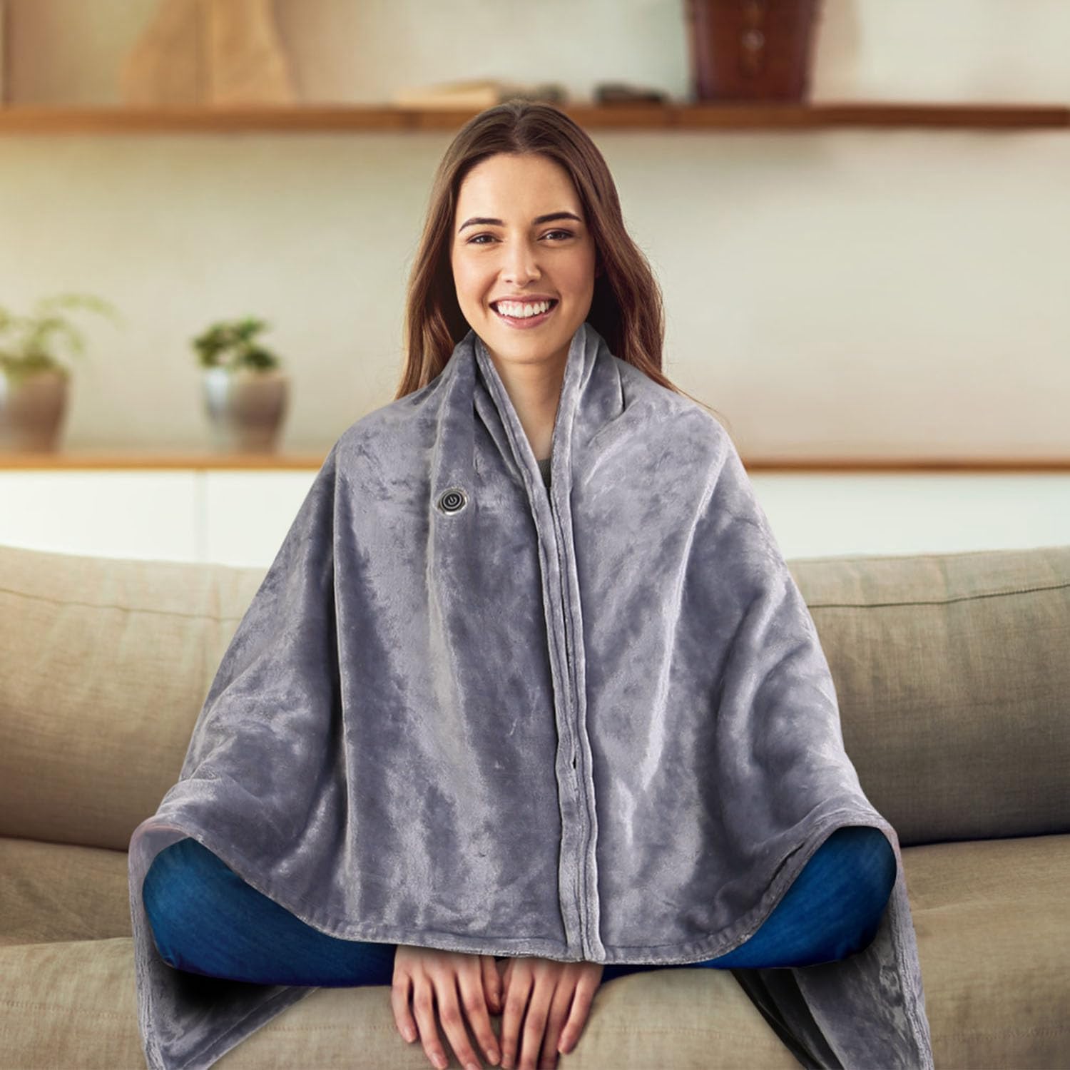 TeqHome USB Heated Blanket, Electric Blanket Throw with 3 Heating Levels & 8 Heating Zones, Portable Wearable Soft Flannel Heated Shawl for Home Office Couch Camping, Machine Washable, Grey - 59"x31"