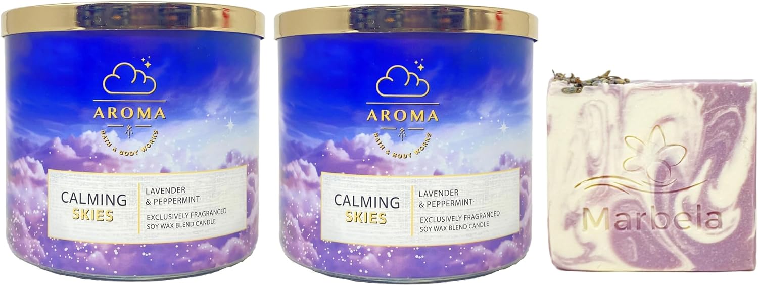 Bath & Body Works Calming Skies Lavender Peppermint 2 Piece 3-Wick Scented Candle Set with a Lavender Dream Bar Soap