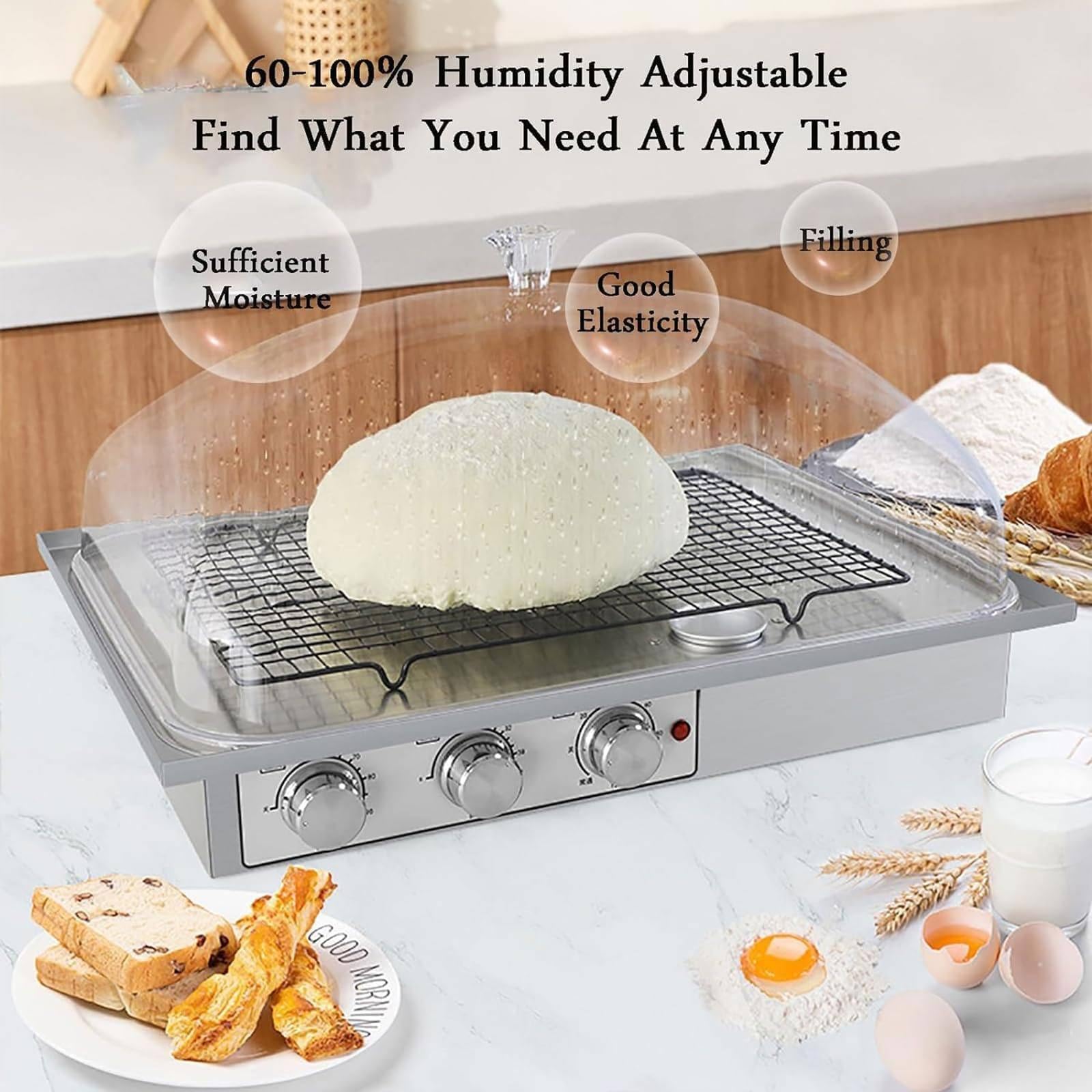 Macchina per lievitare l'impasto di grande capacità,con tazza e griglia di umidificazione,tempistica,umidità e temperatura regolabili,utilizzata per preparare il pane,panini al vapore 510*360*290mm