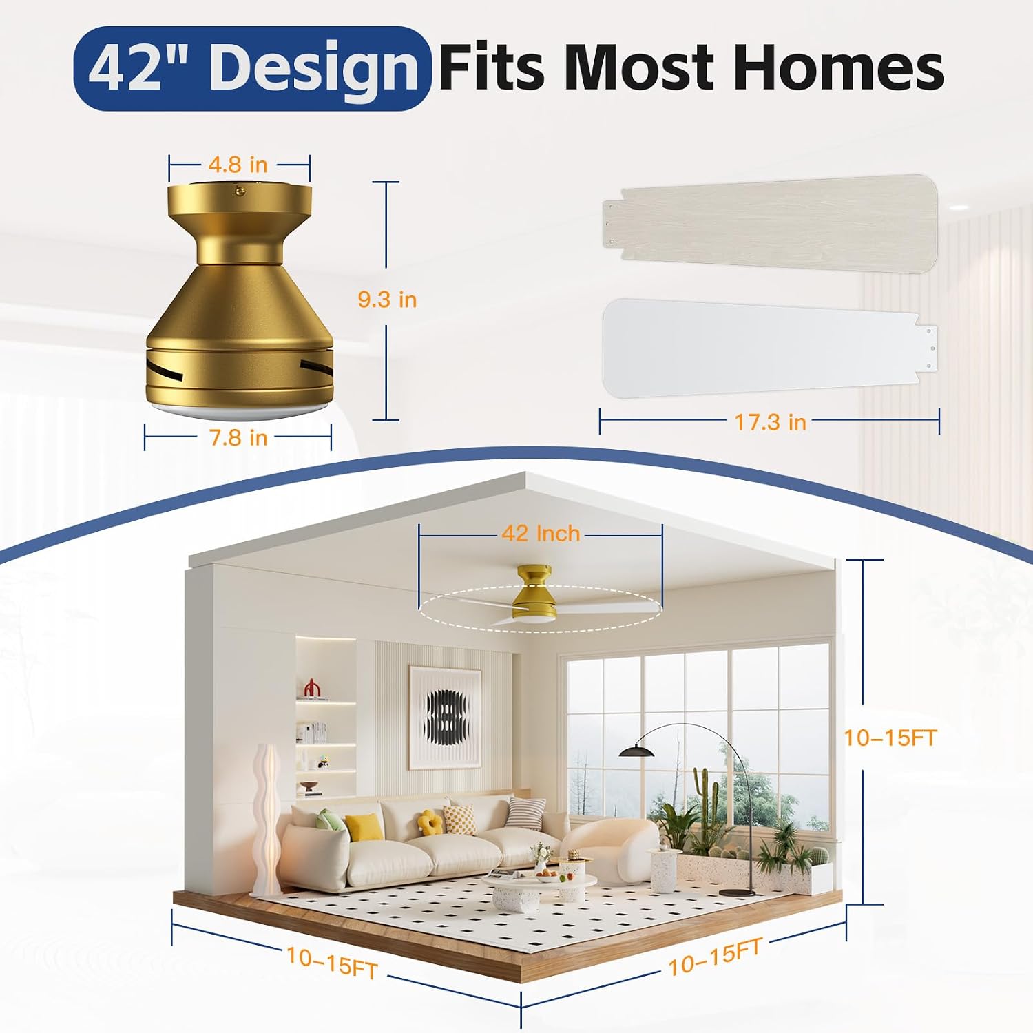 42 Inch Ceiling Fans with Lights And Remote, 3CCT/Flush Moun/6 Speed/Golden thumbnail