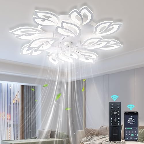 35" Modern Ceiling Fan with Lights Remote APP Control, Flush Mount LED Dimmable Ceiling Fan, 3 Color 6 Speed Low Profile with Light for Bedroom